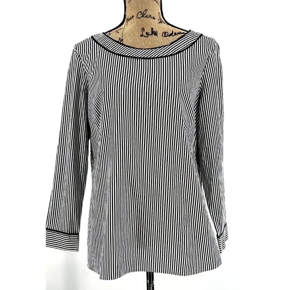 TALBOTS Blouse Womens Petite Large Black White Striped Long Sleeve Side Zip Top - Picture 1 of 7
